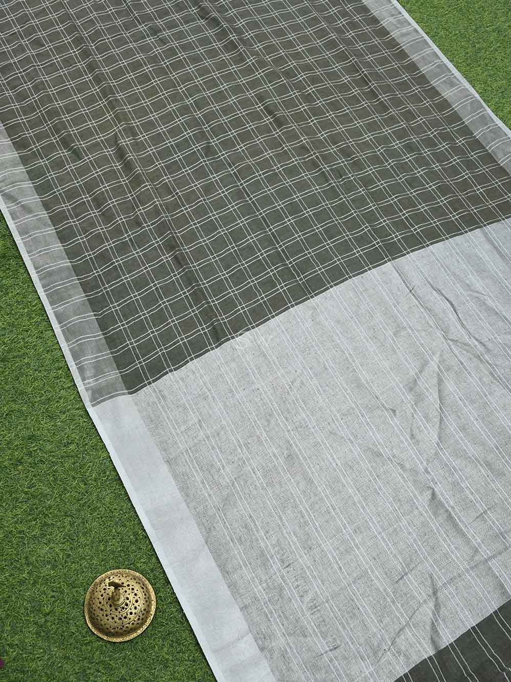 Grey Linen Check Handloom Banarasi Saree - Sacred Weaves