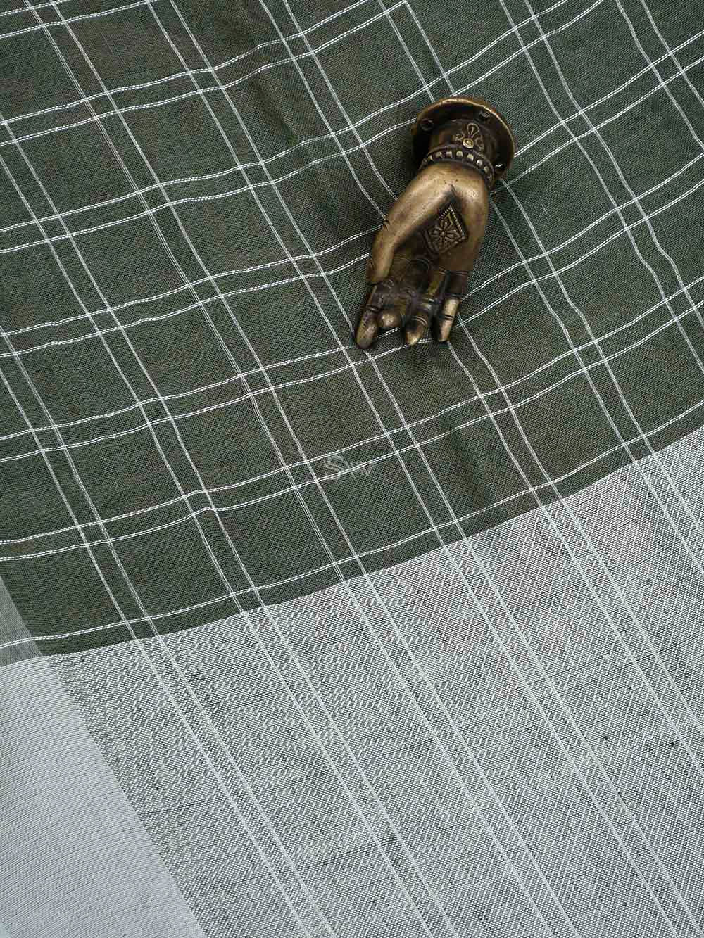 Grey Linen Check Handloom Banarasi Saree - Sacred Weaves