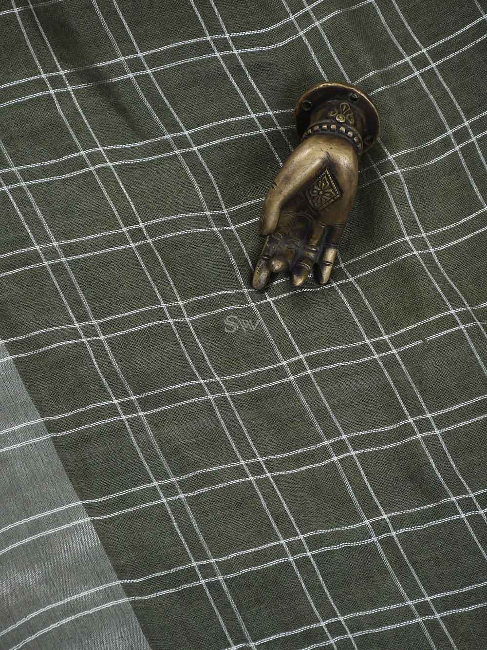 Grey Linen Check Handloom Banarasi Saree - Sacred Weaves