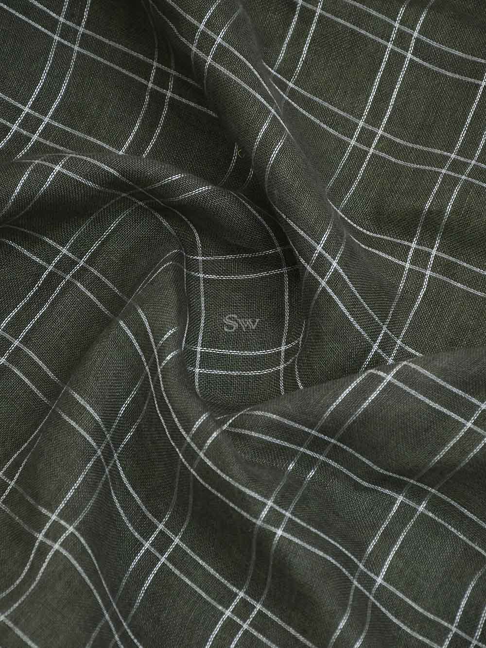 Grey Linen Check Handloom Banarasi Saree - Sacred Weaves