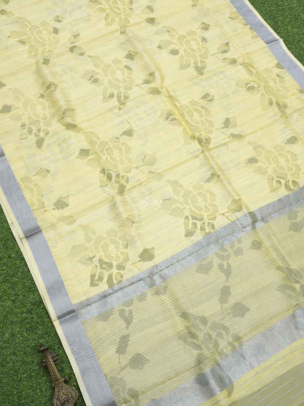 Yellow Jaal Linen Handloom Banarasi Saree - Sacred Weaves
