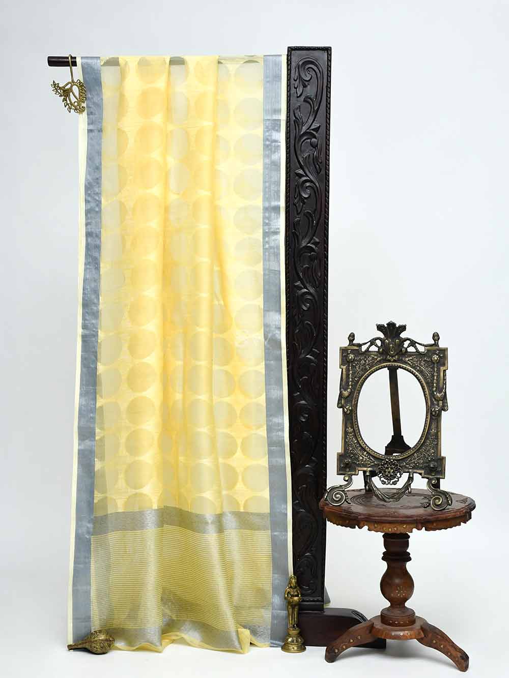 Light Yellow Jaal Linen Handloom Banarasi Saree - Sacred Weaves