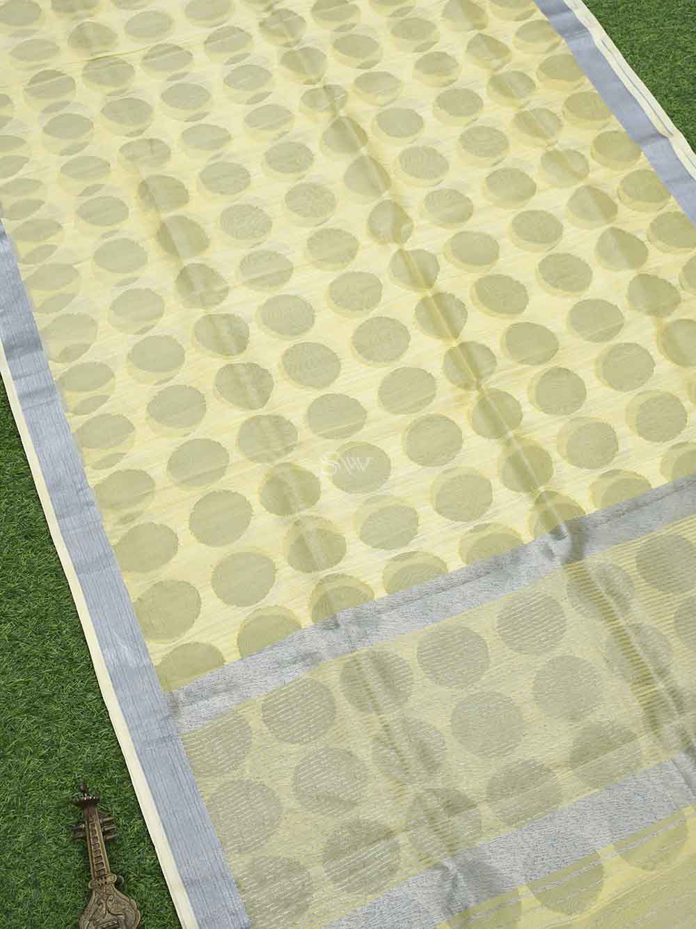 Light Yellow Jaal Linen Handloom Banarasi Saree - Sacred Weaves