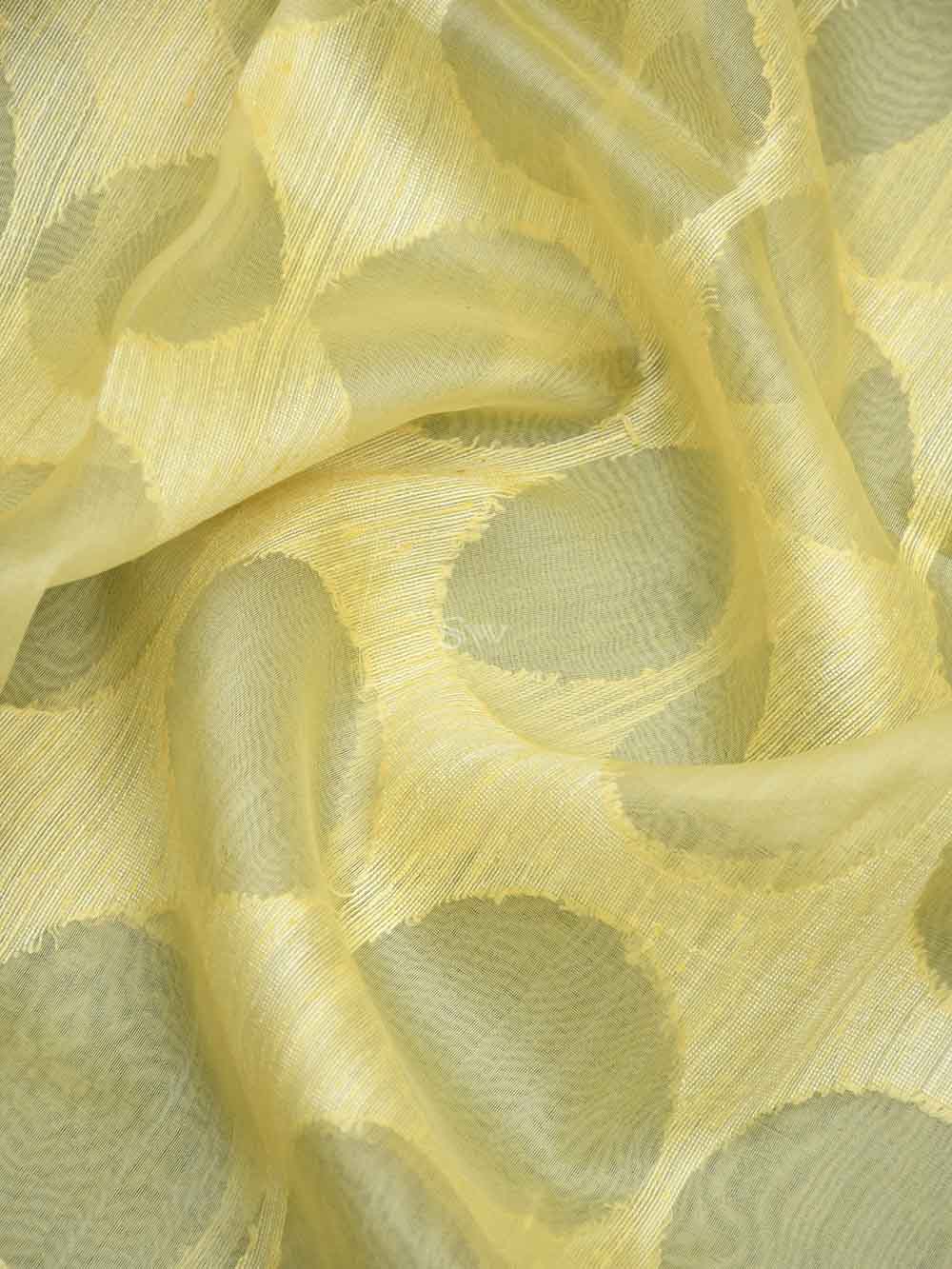 Light Yellow Jaal Linen Handloom Banarasi Saree - Sacred Weaves