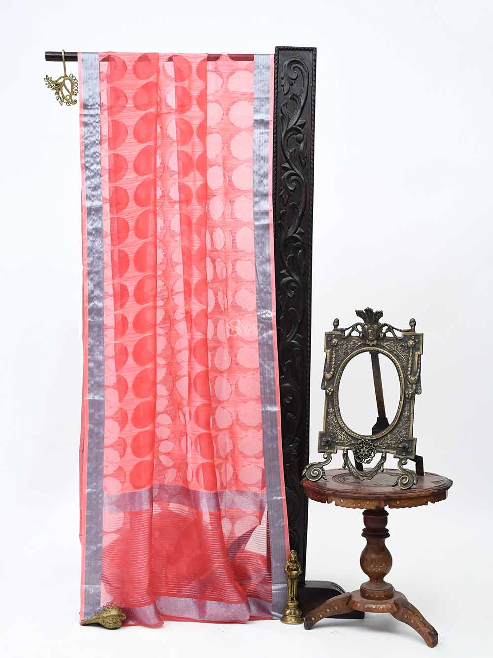 Coral Peach Jaal Linen Handloom Banarasi Saree - Sacred Weaves