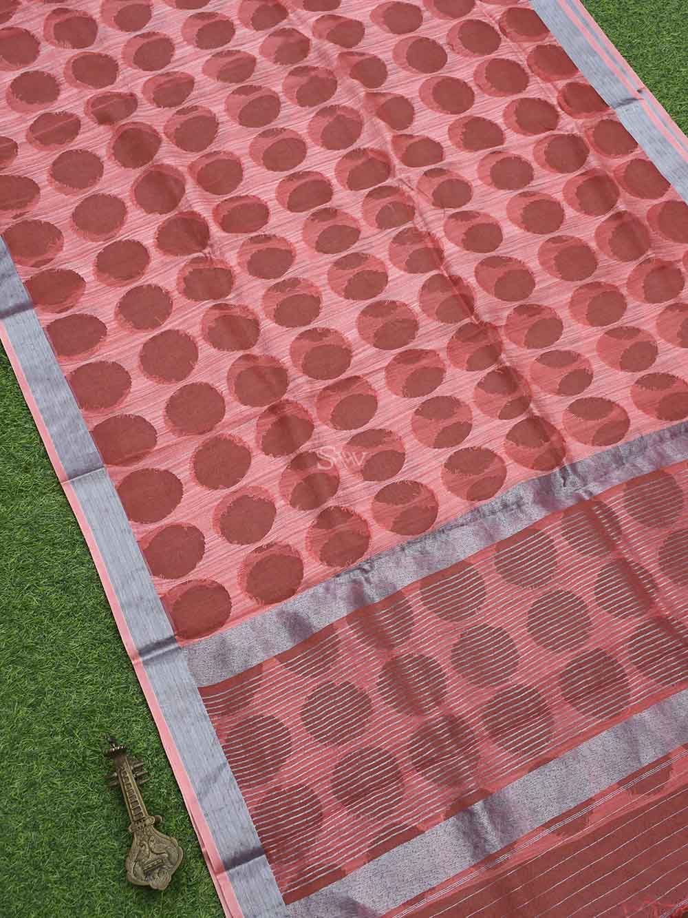 Coral Peach Jaal Linen Handloom Banarasi Saree - Sacred Weaves