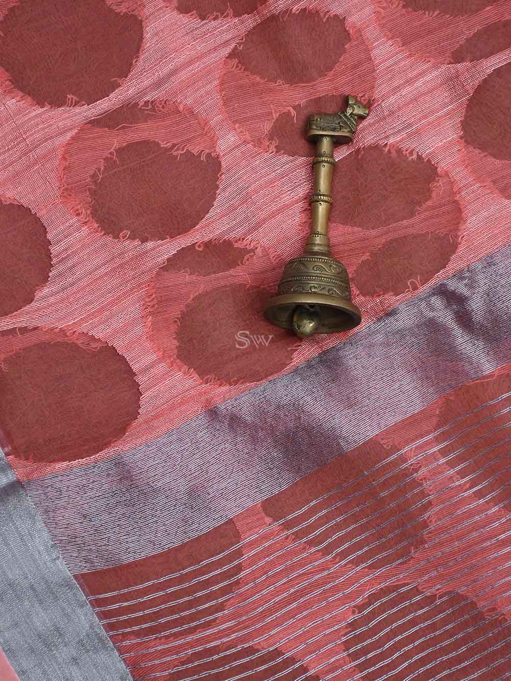 Coral Peach Jaal Linen Handloom Banarasi Saree - Sacred Weaves