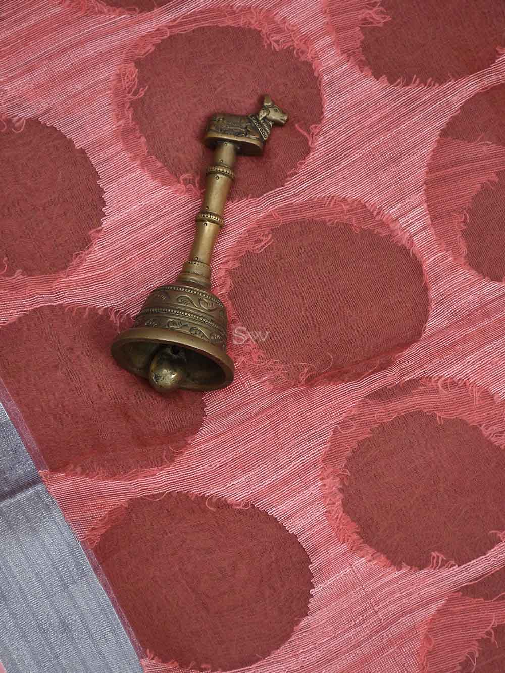 Coral Peach Jaal Linen Handloom Banarasi Saree - Sacred Weaves