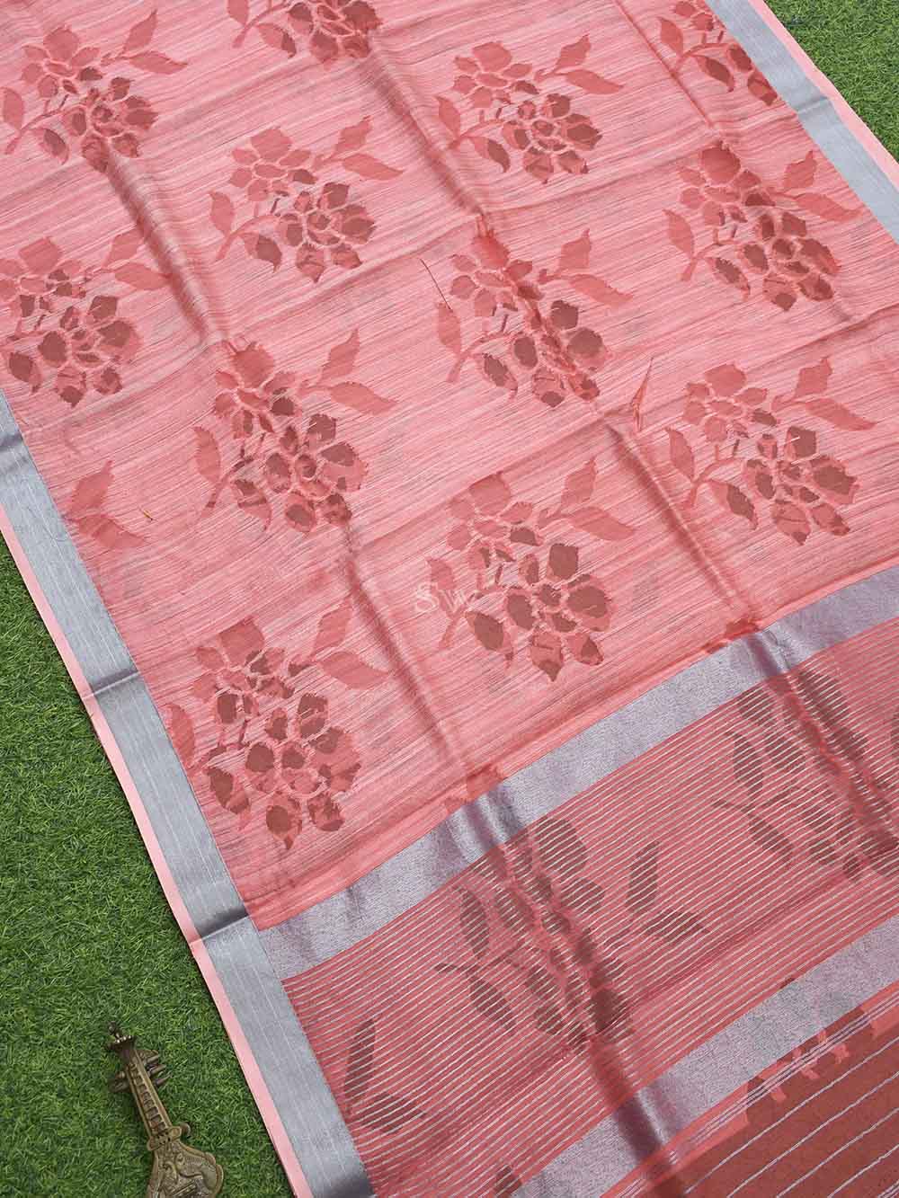 Coral Peach Jaal Linen Handloom Banarasi Saree - Sacred Weaves