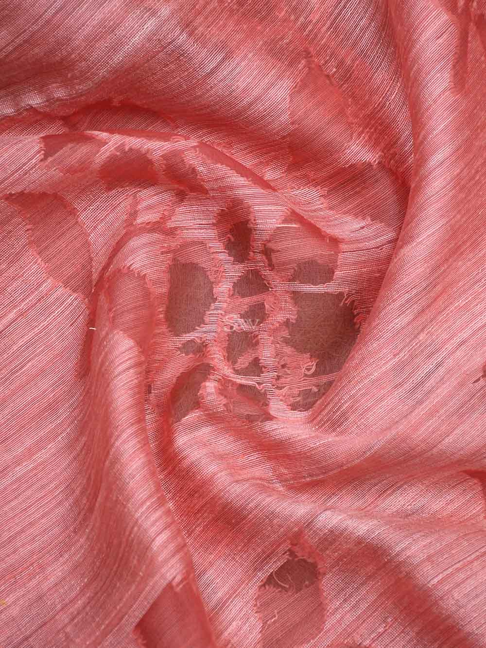 Coral Peach Jaal Linen Handloom Banarasi Saree - Sacred Weaves