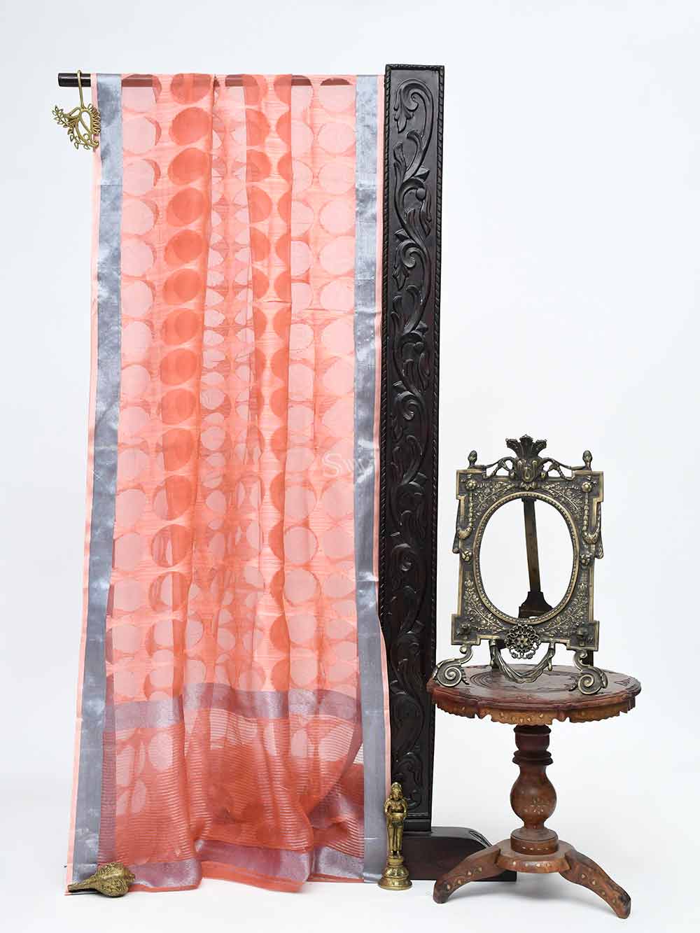 Peach Jaal Linen Handloom Banarasi Saree - Sacred Weaves