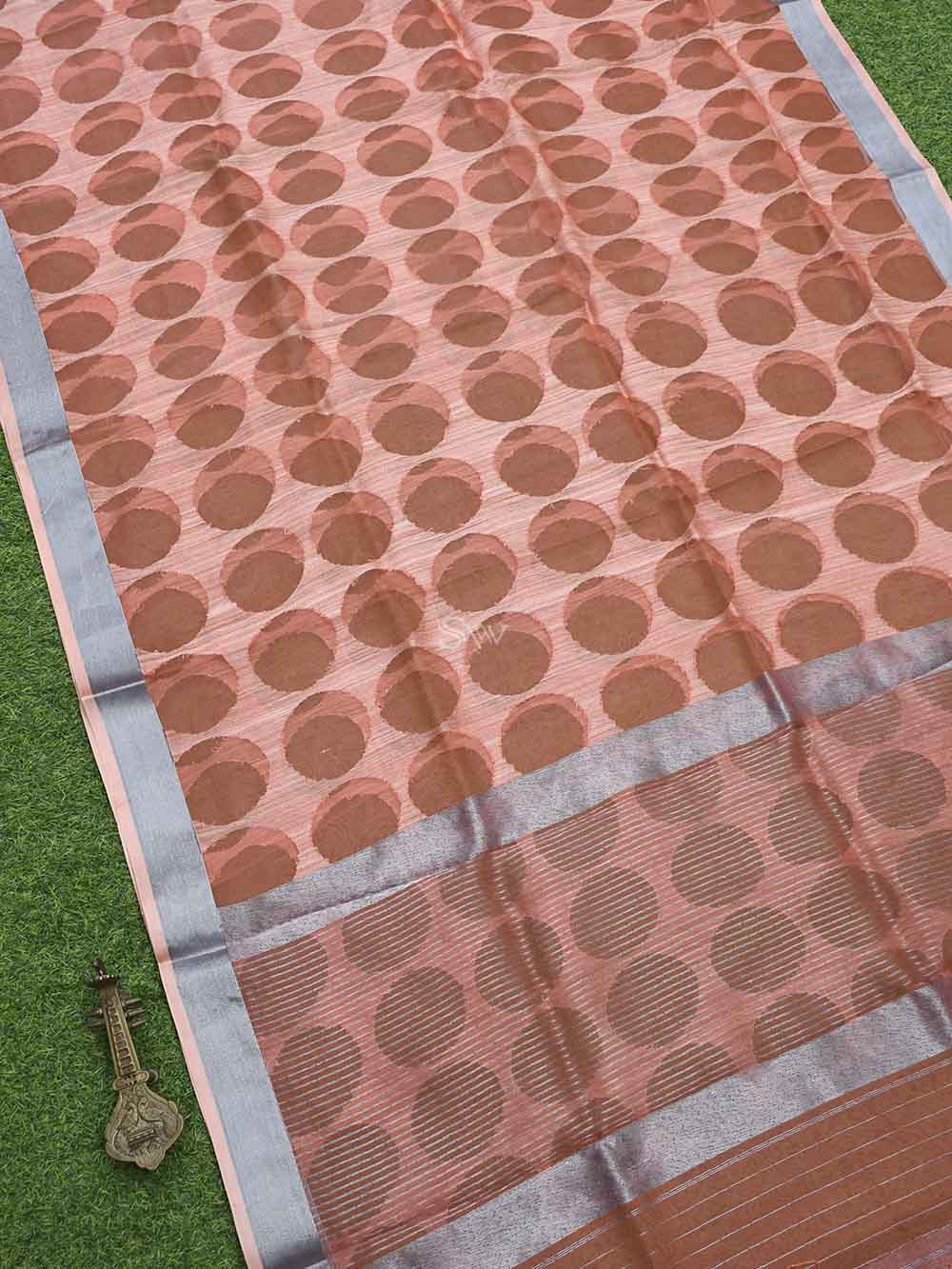 Peach Jaal Linen Handloom Banarasi Saree - Sacred Weaves