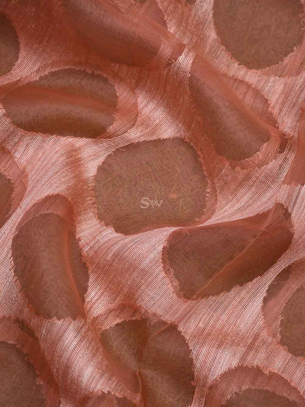 Peach Jaal Linen Handloom Banarasi Saree - Sacred Weaves
