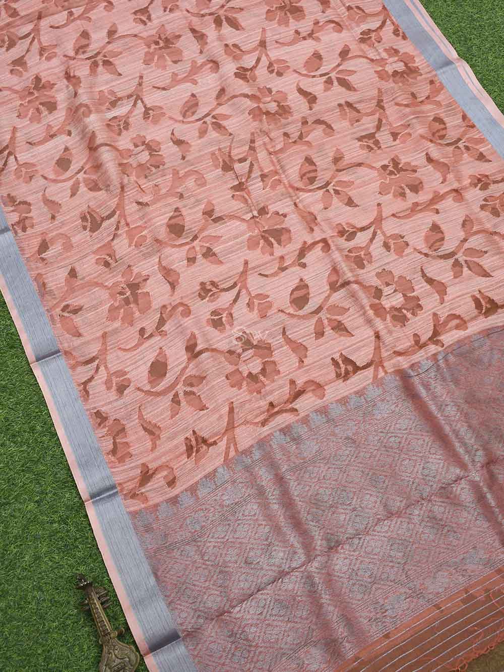 Peach Jaal Linen Handloom Banarasi Saree - Sacred Weaves