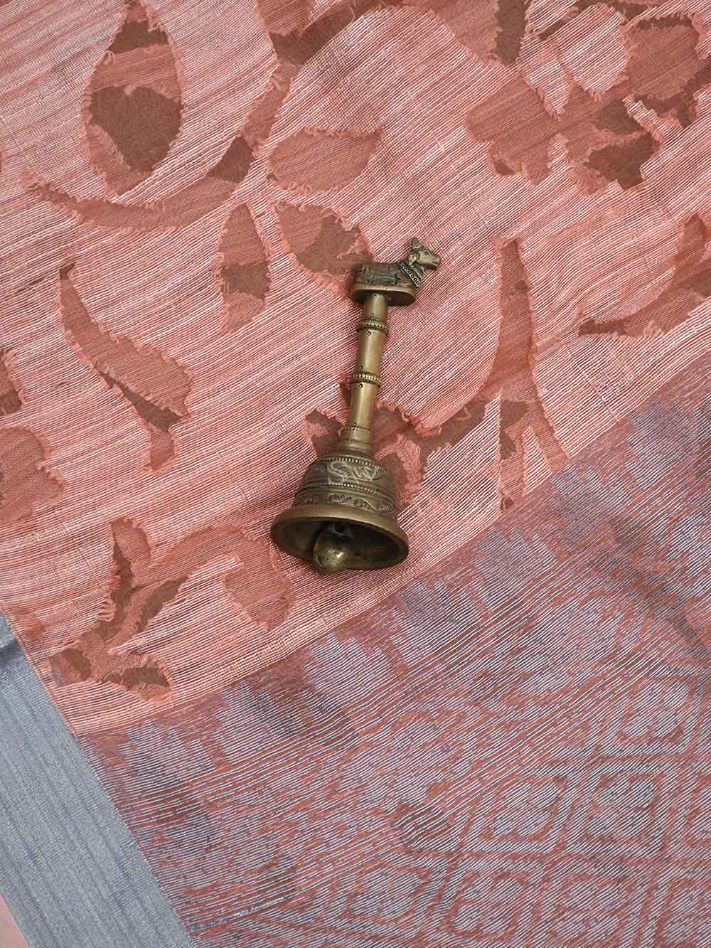 Peach Jaal Linen Handloom Banarasi Saree - Sacred Weaves
