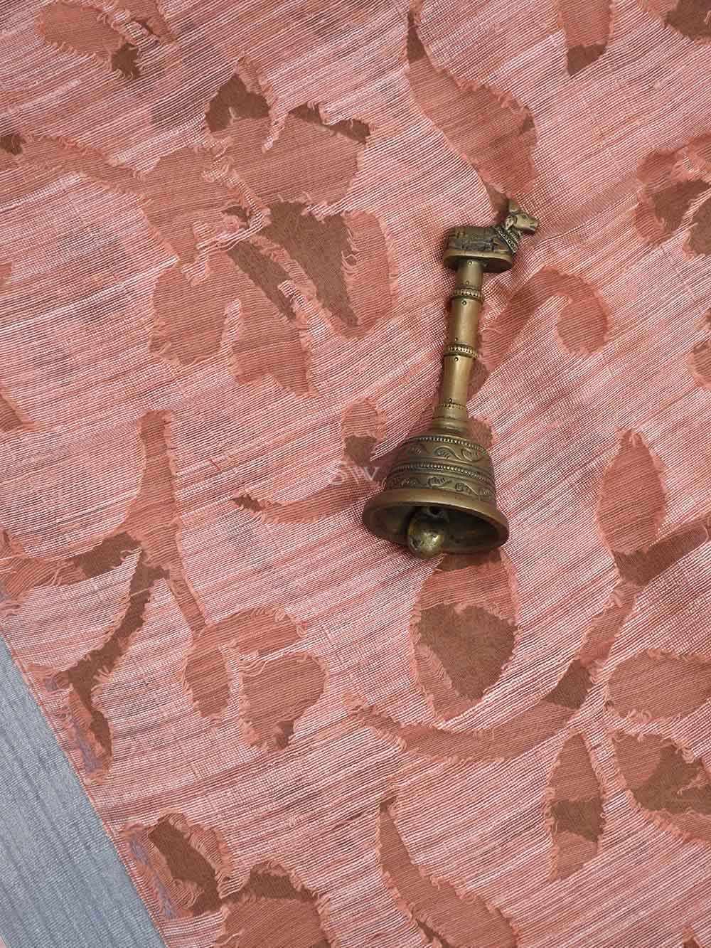 Peach Jaal Linen Handloom Banarasi Saree - Sacred Weaves