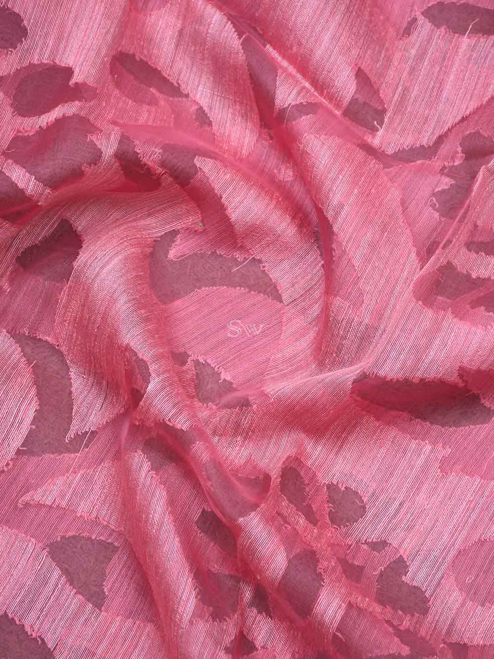 Pink Jaal Linen Handloom Banarasi Saree - Sacred Weaves