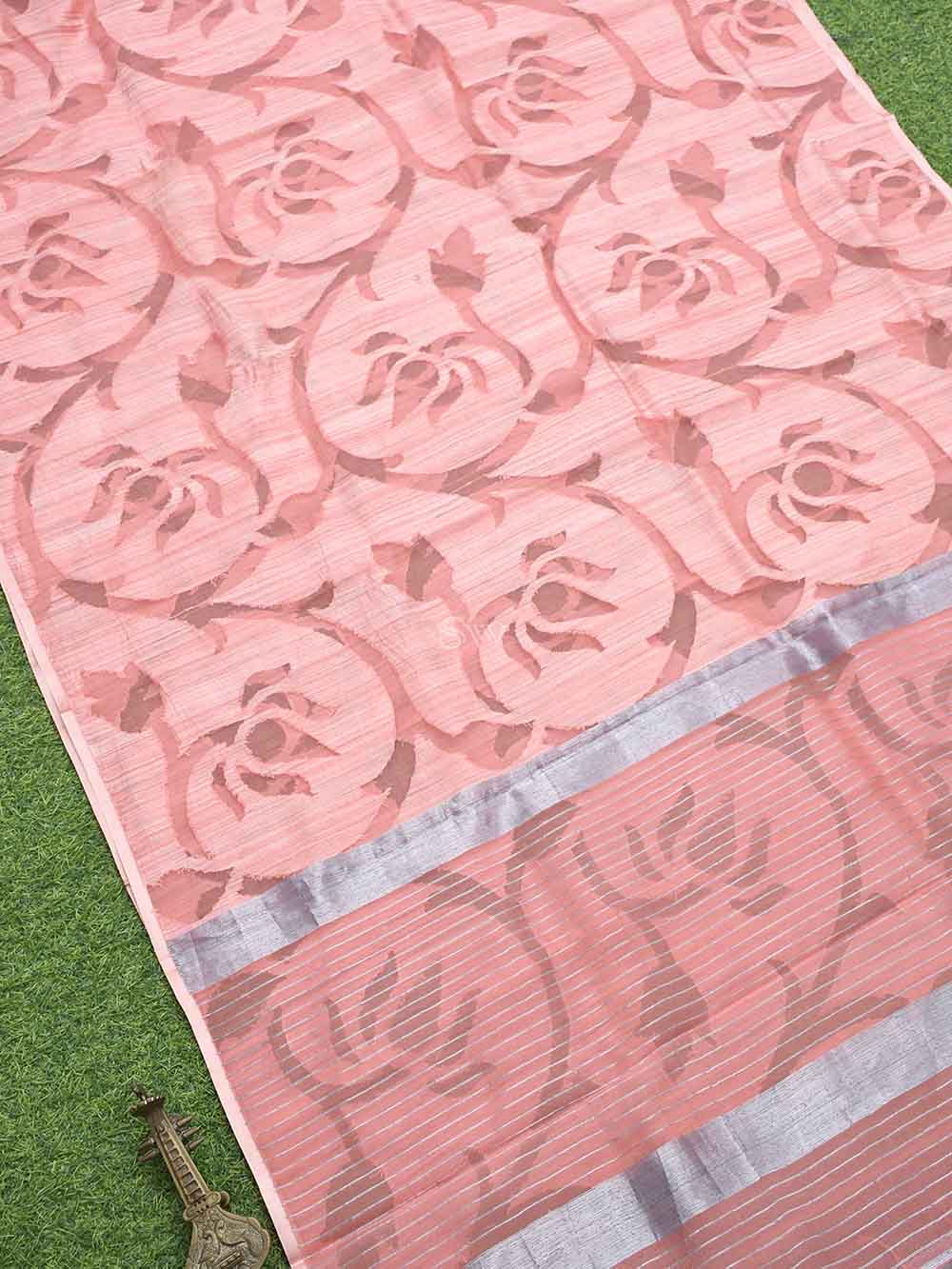 Coral Peach Jaal Linen Handloom Banarasi Saree - Sacred Weaves