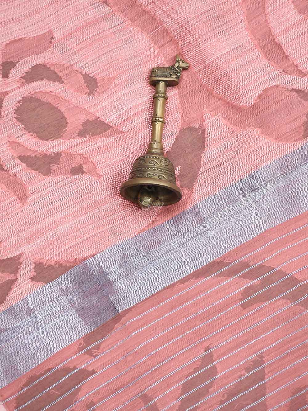 Coral Peach Jaal Linen Handloom Banarasi Saree - Sacred Weaves