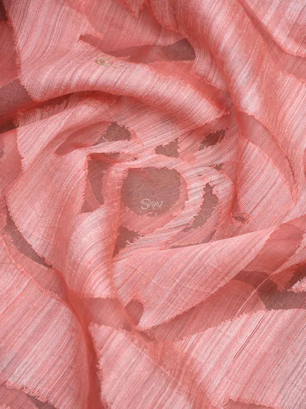 Coral Peach Jaal Linen Handloom Banarasi Saree - Sacred Weaves