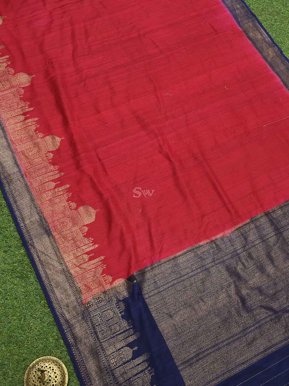 Red Plain Dupion Silk Handloom Banarasi Saree - Sacred Weaves
