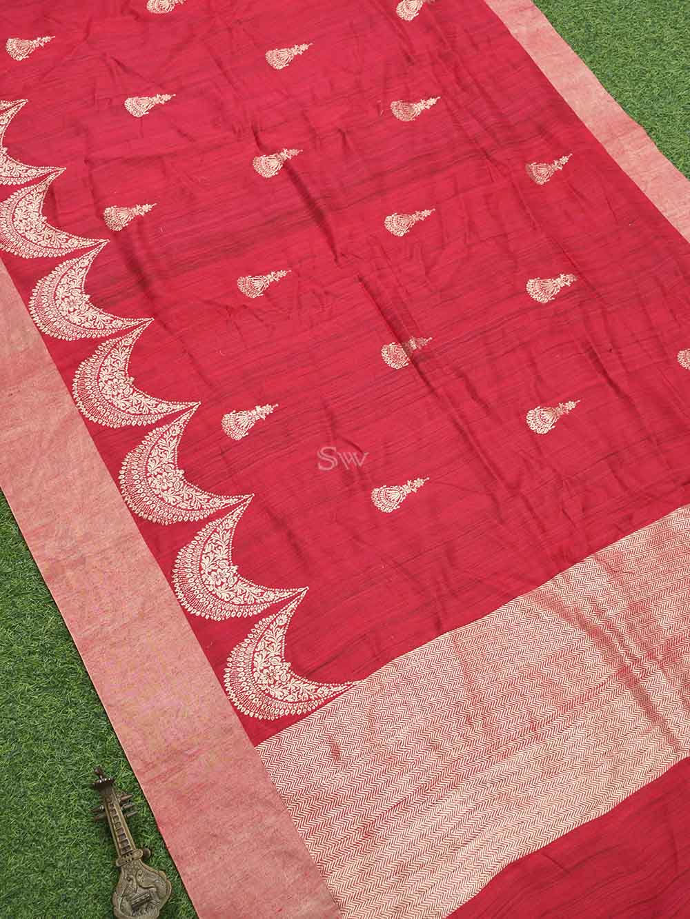 Red Boota Dupion Silk Handloom Banarasi Saree - Sacred Weaves