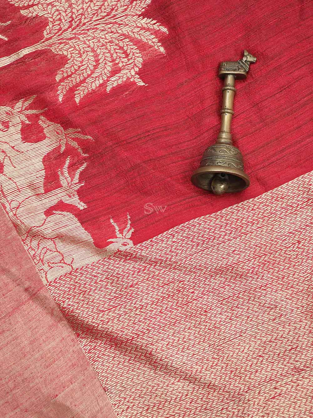 Red Plain Dupion Silk Handloom Banarasi Saree - Sacred Weaves