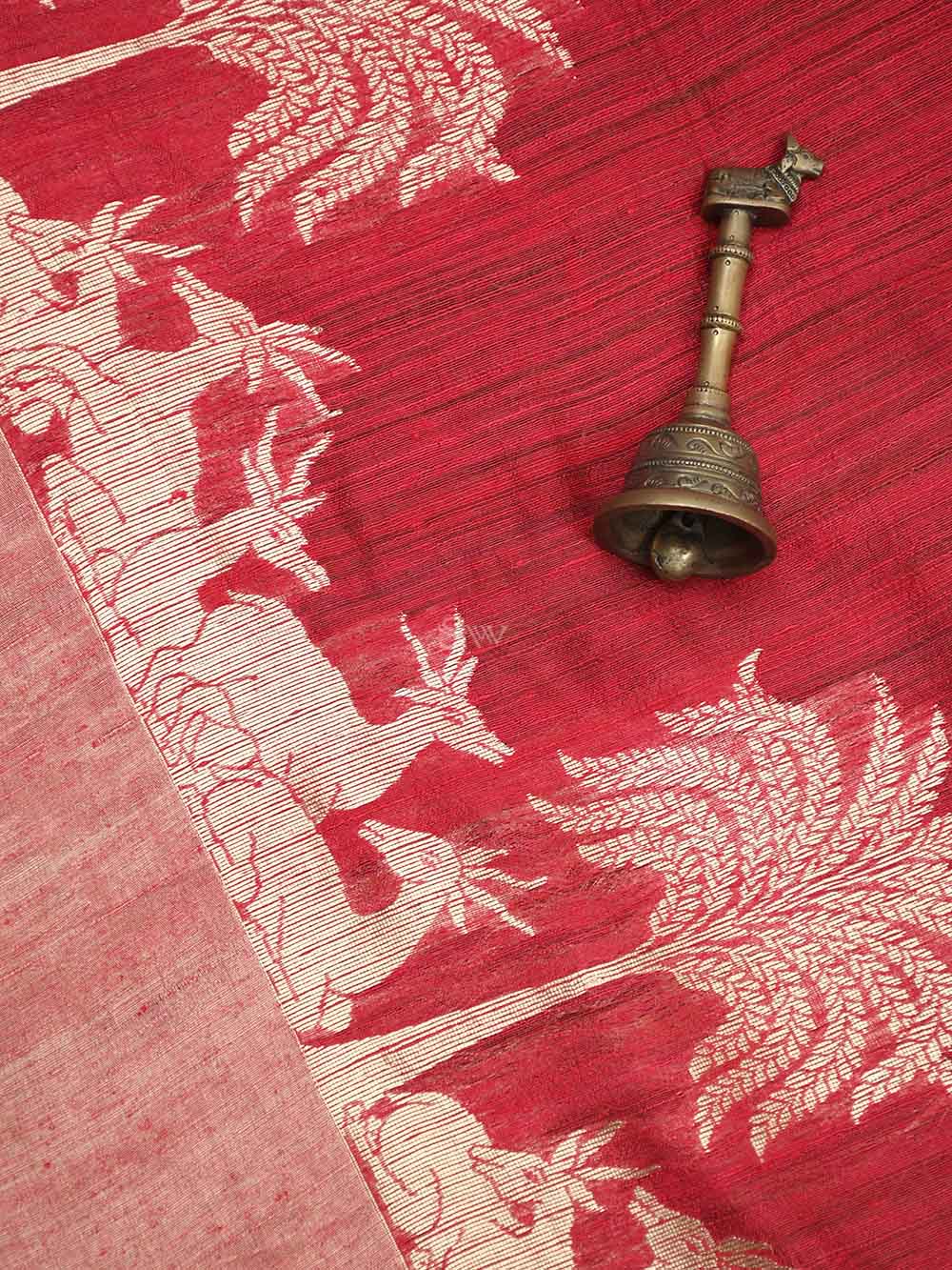 Red Plain Dupion Silk Handloom Banarasi Saree - Sacred Weaves