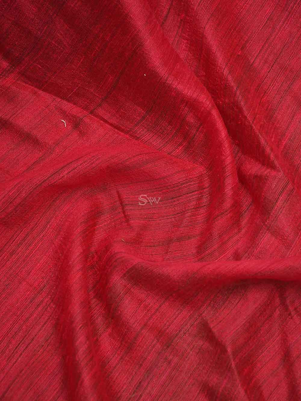 Red Plain Dupion Silk Handloom Banarasi Saree - Sacred Weaves