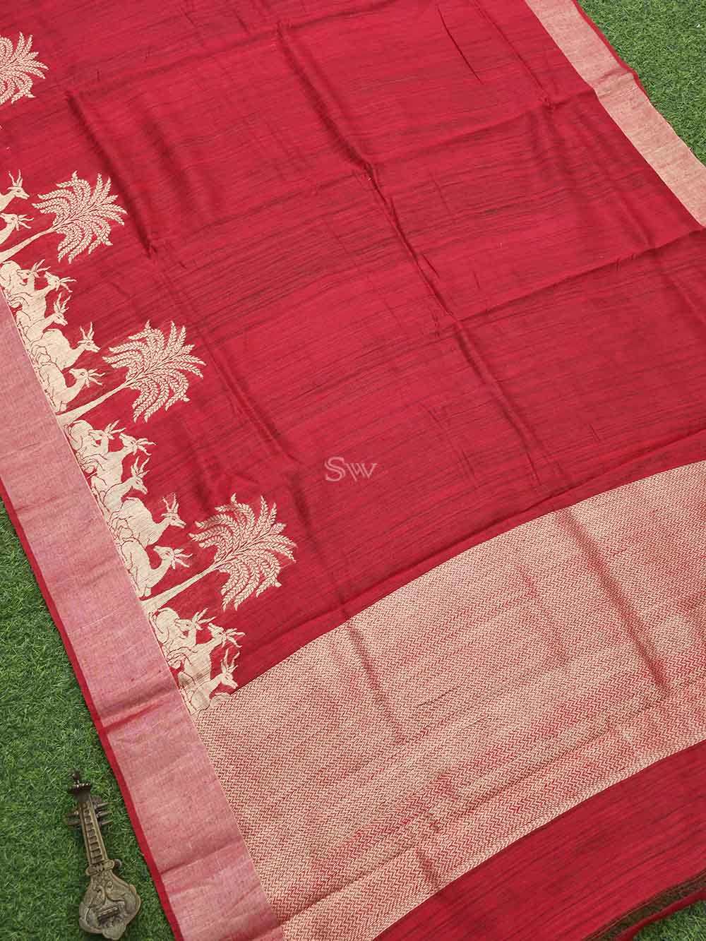 Red Plain Dupion Silk Handloom Banarasi Saree - Sacred Weaves