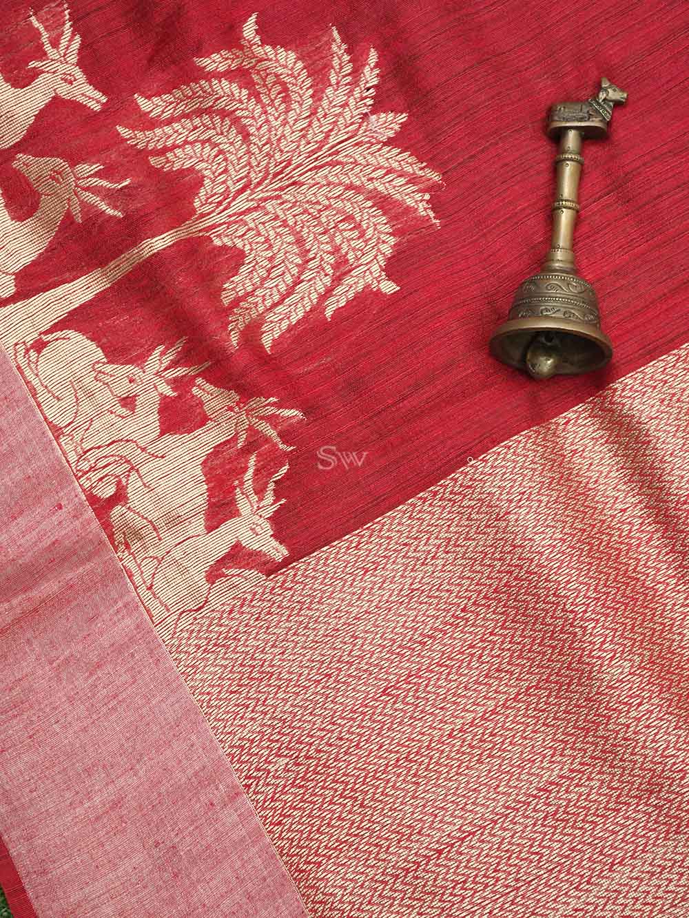 Red Plain Dupion Silk Handloom Banarasi Saree - Sacred Weaves