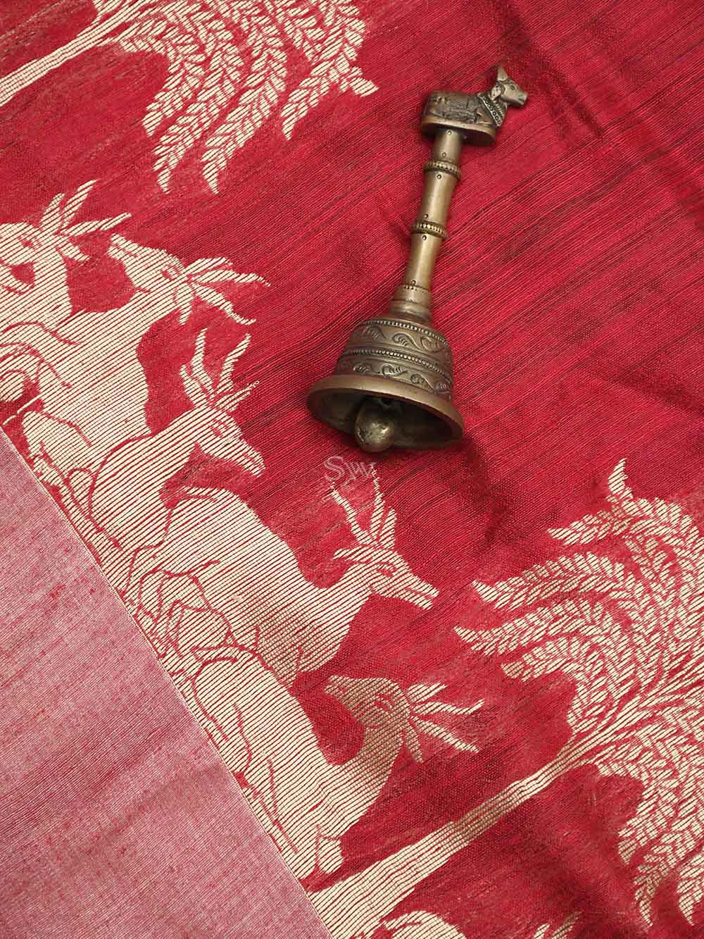 Red Plain Dupion Silk Handloom Banarasi Saree - Sacred Weaves
