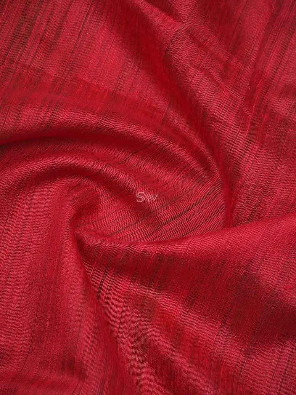 Red Plain Dupion Silk Handloom Banarasi Saree - Sacred Weaves