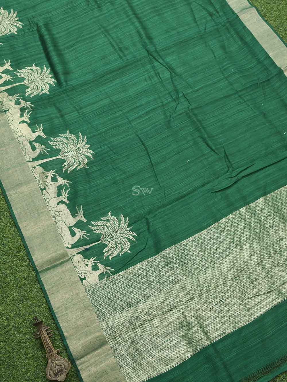 Green Plain Dupion Silk Handloom Banarasi Saree - Sacred Weaves