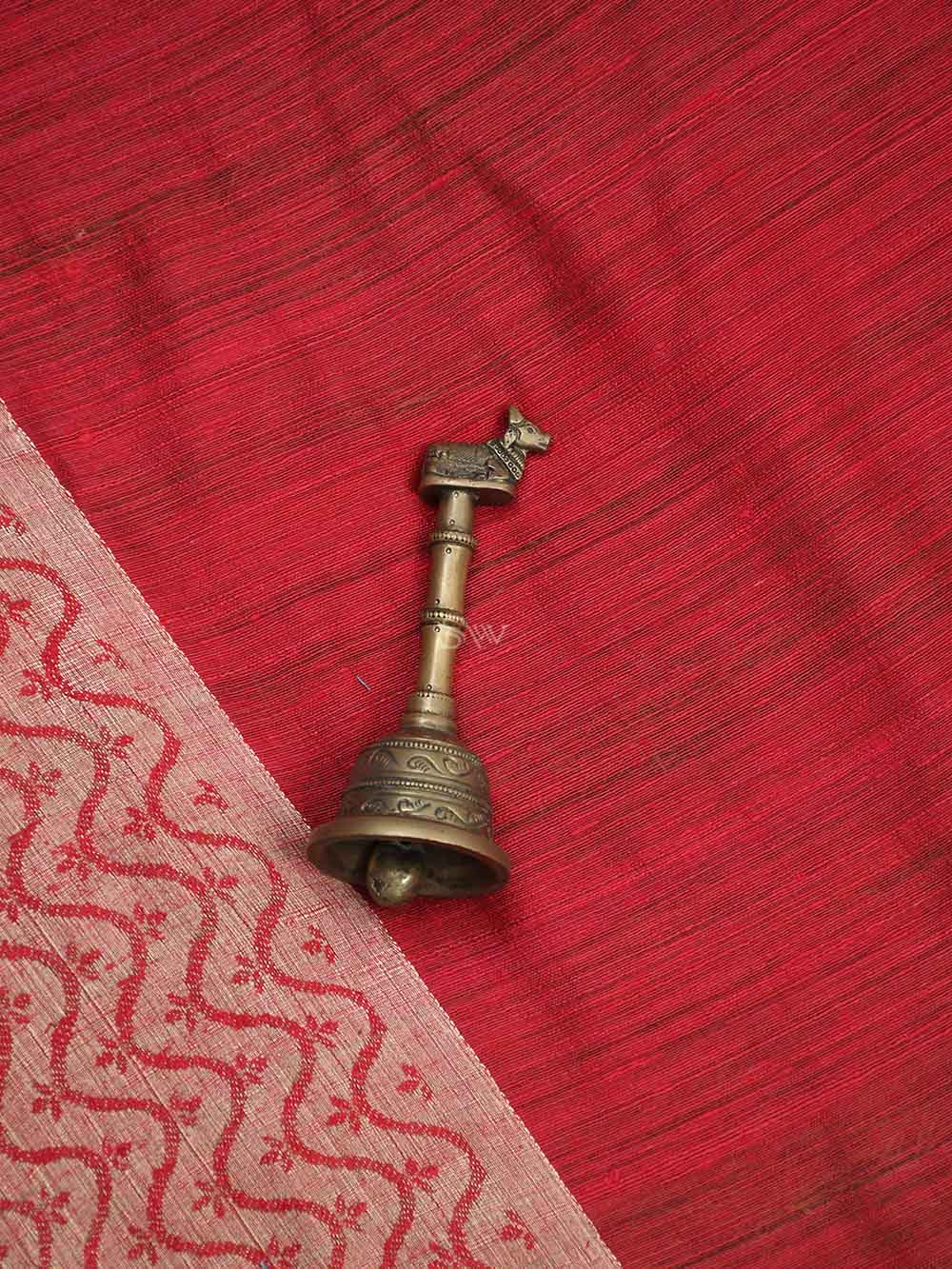 Red Plain Dupion Silk Handloom Banarasi Saree - Sacred Weaves