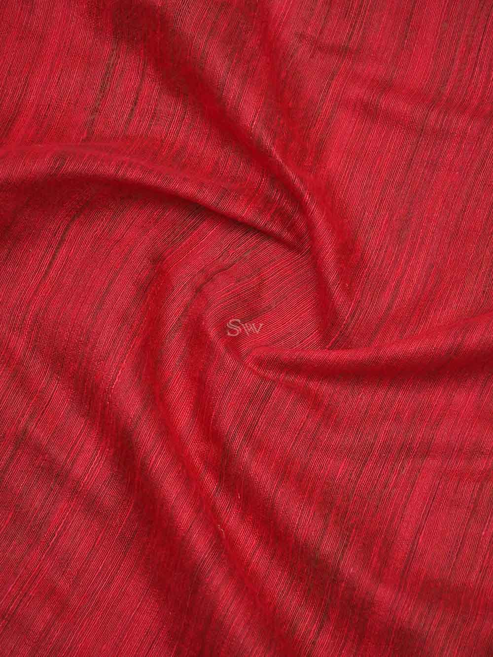 Red Plain Dupion Silk Handloom Banarasi Saree - Sacred Weaves