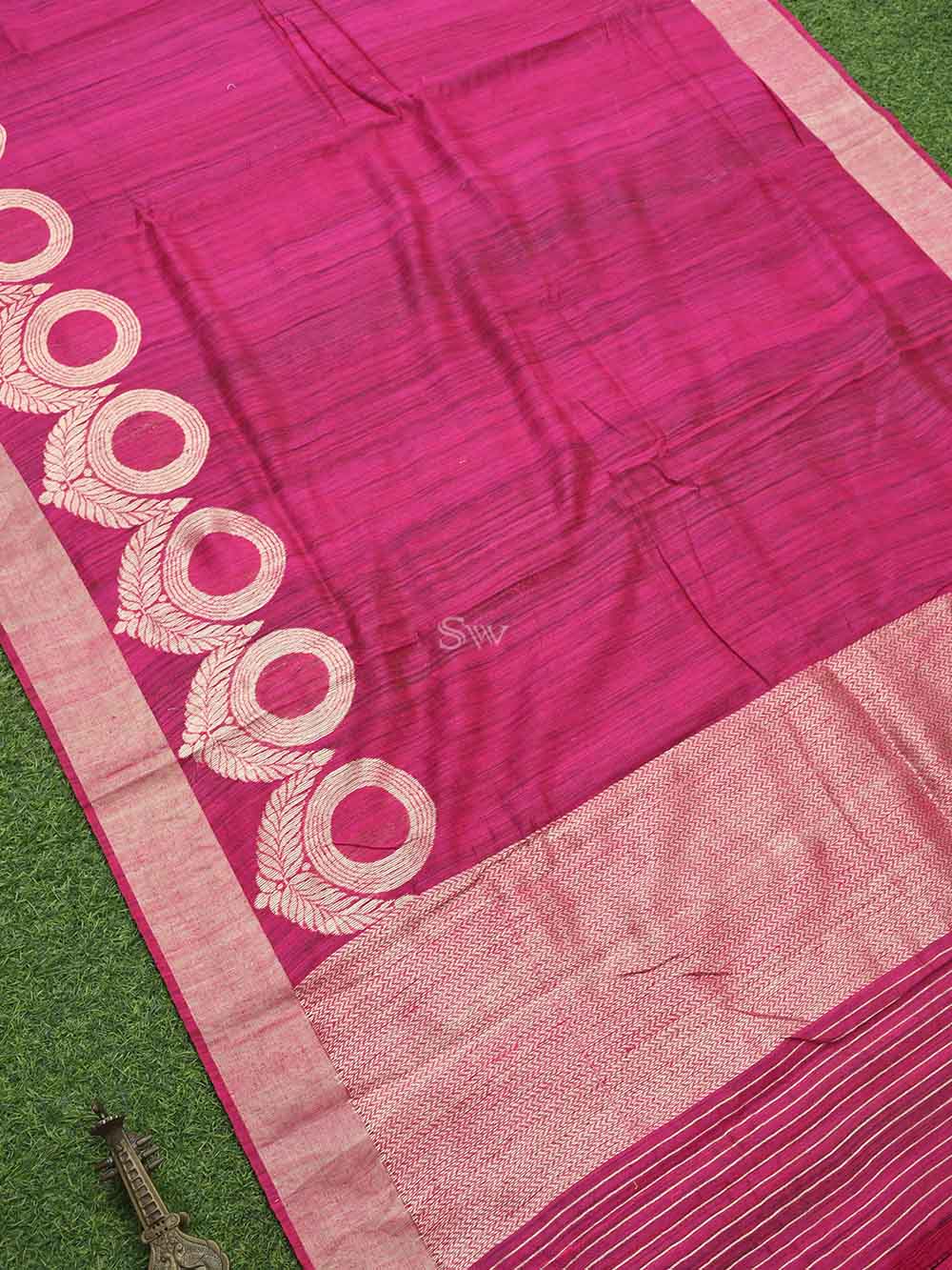 Bright Pink Plain Dupion Silk Handloom Banarasi Saree - Sacred Weaves