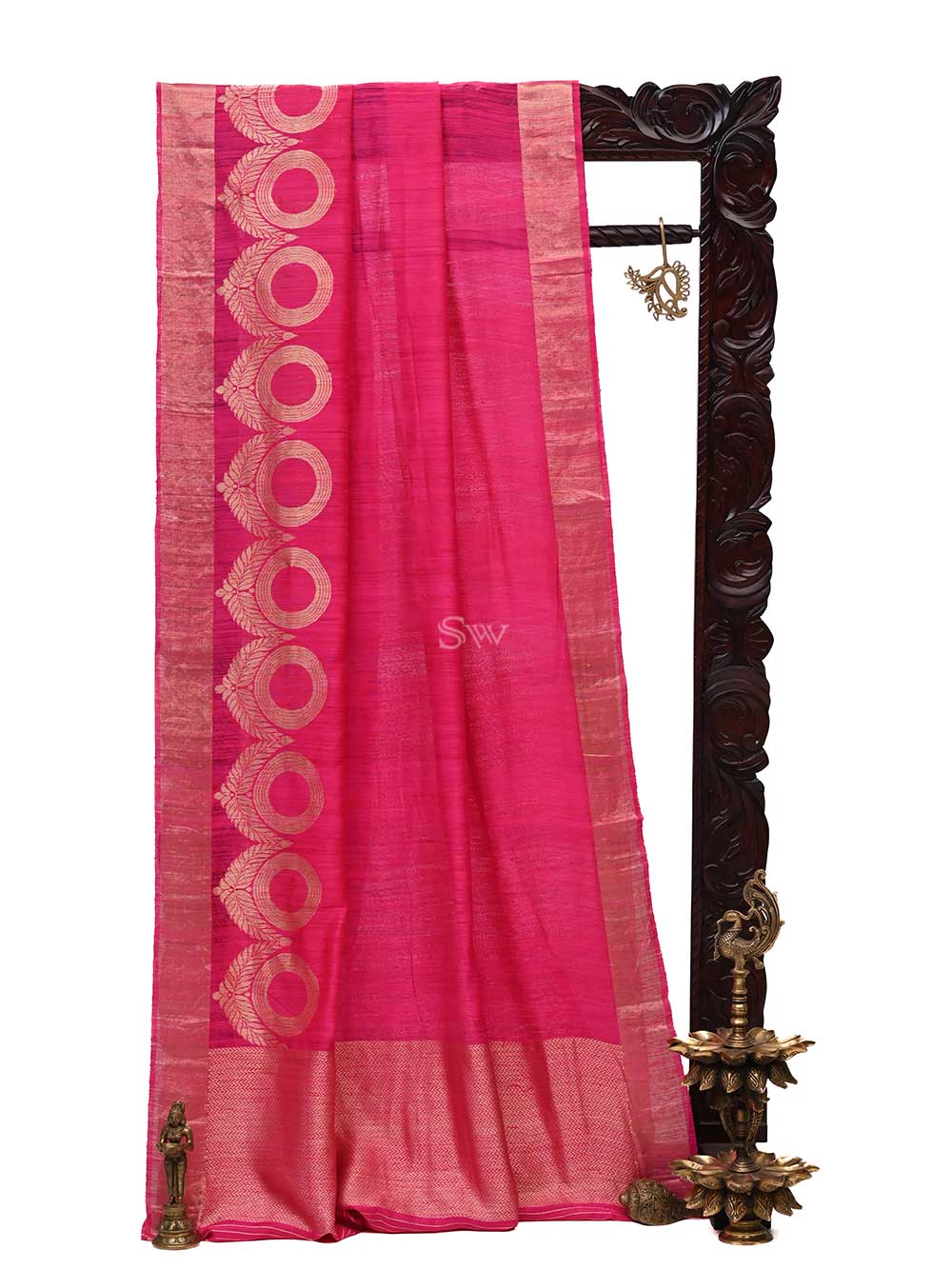 Bright Pink Plain Dupion Silk Handloom Banarasi Saree - Sacred Weaves