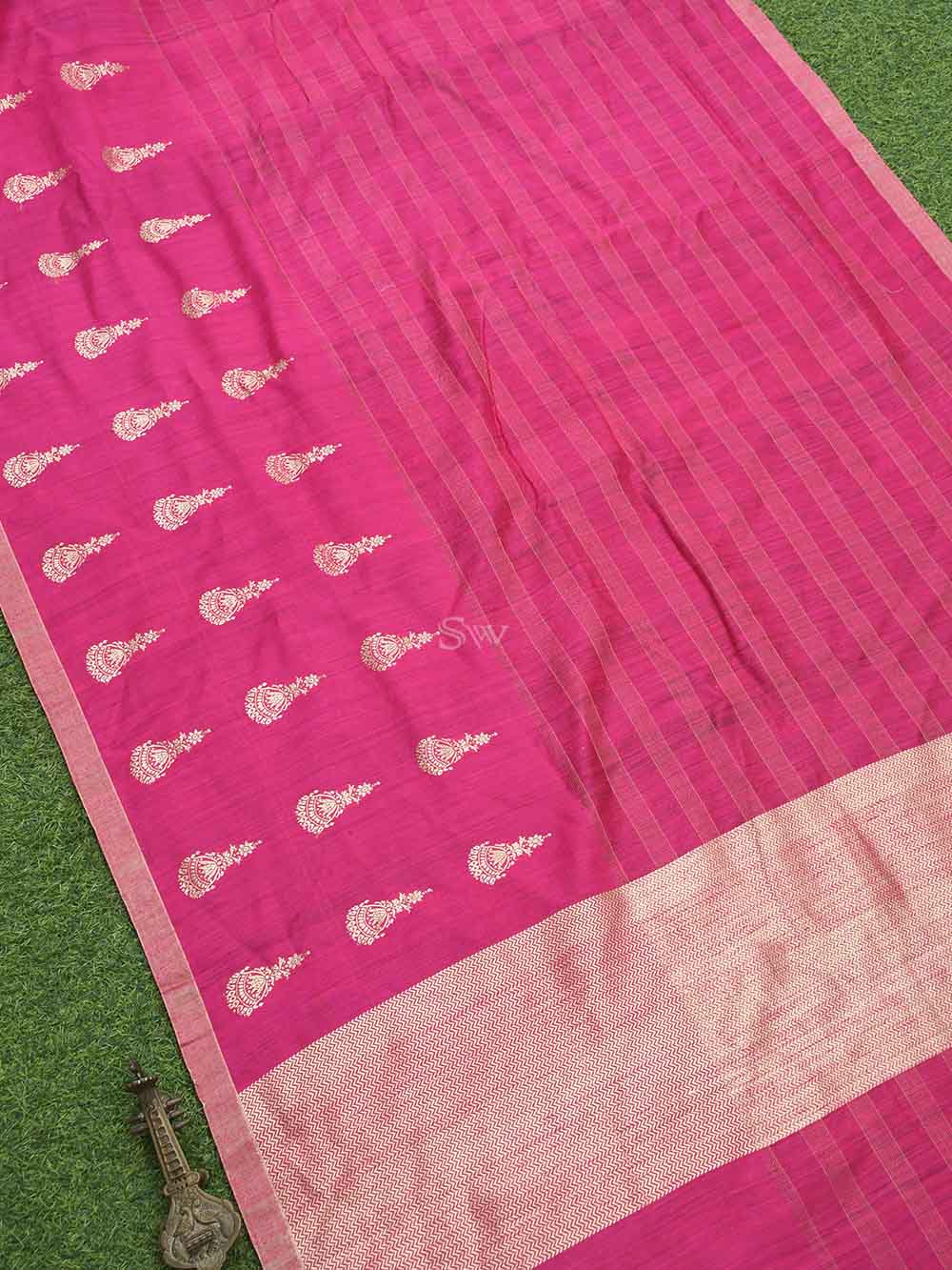 Dark Pink Stripe Dupion Silk Handloom Banarasi Saree - Sacred Weaves