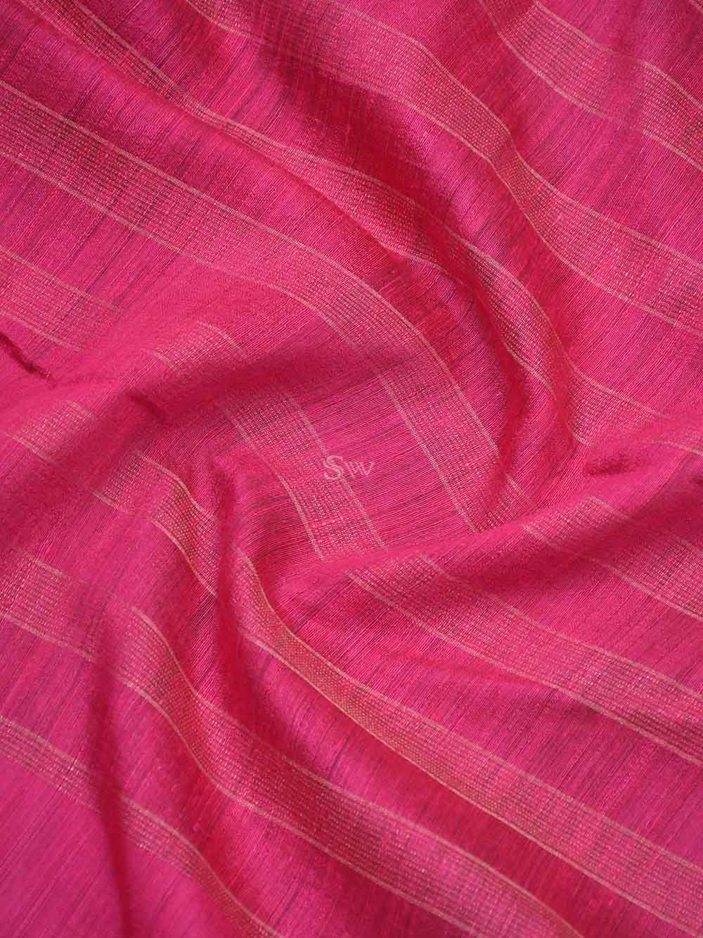 Dark Pink Stripe Dupion Silk Handloom Banarasi Saree - Sacred Weaves