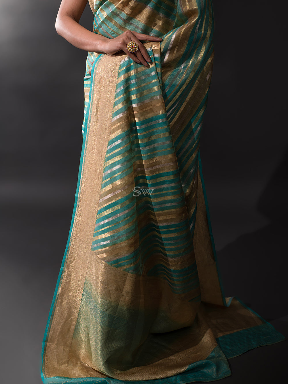 Turquoise Blue Beige Tissue Rangkat Handloom Banarasi Saree - Sacred Weaves