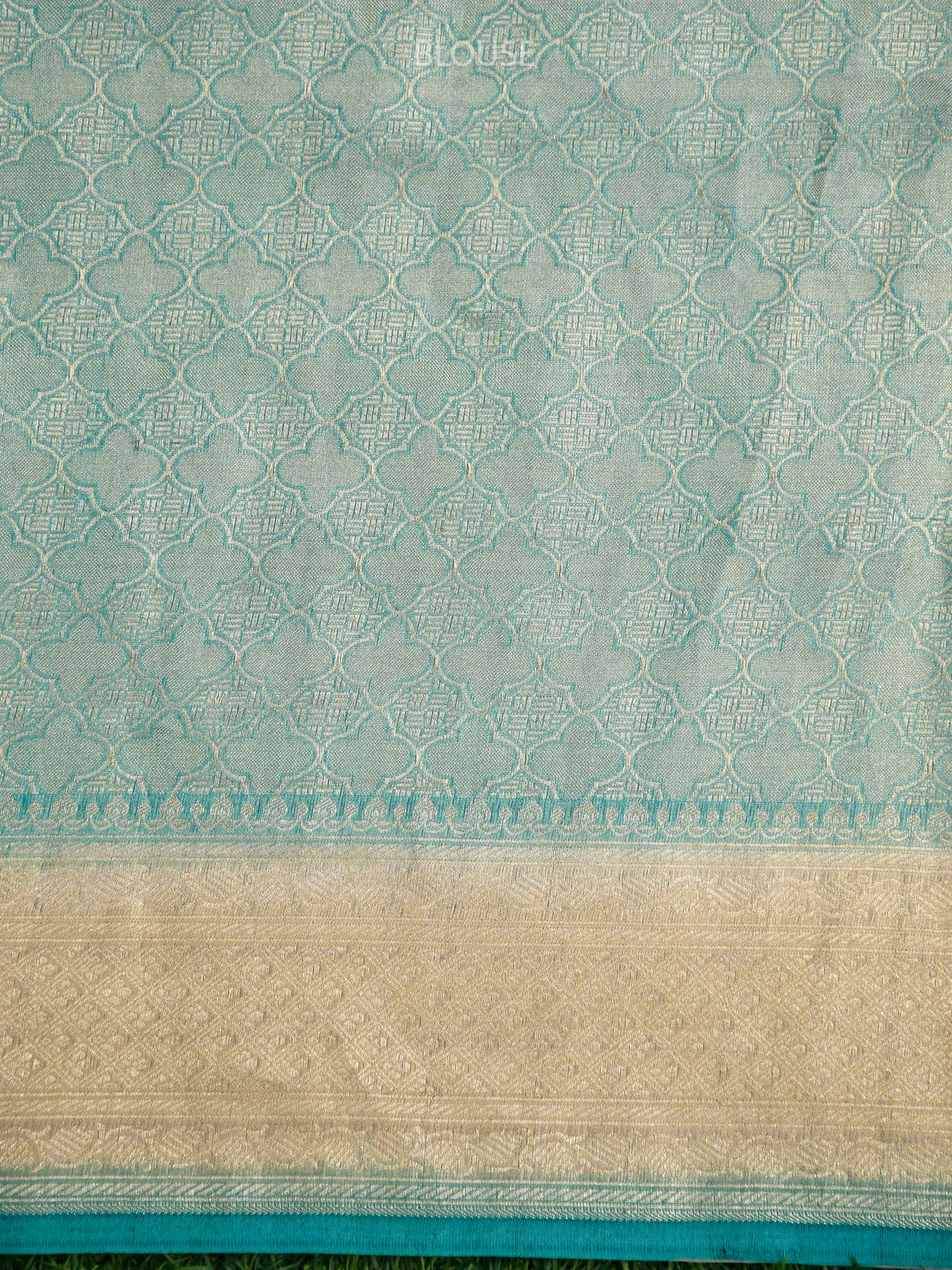 Turquoise Blue Beige Tissue Rangkat Handloom Banarasi Saree - Sacred Weaves
