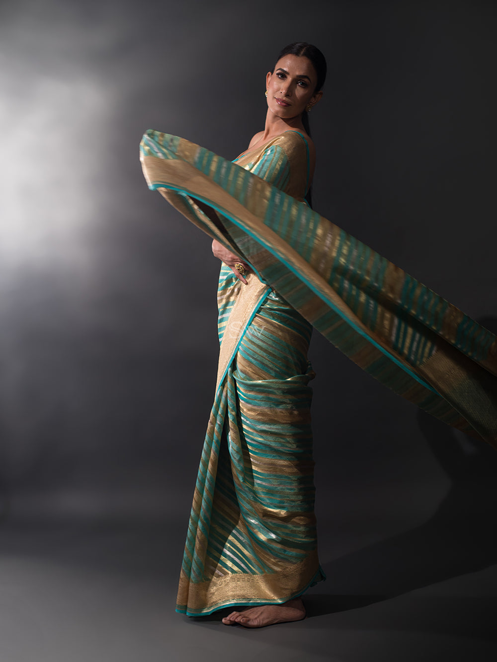 Turquoise Blue Beige Tissue Rangkat Handloom Banarasi Saree - Sacred Weaves