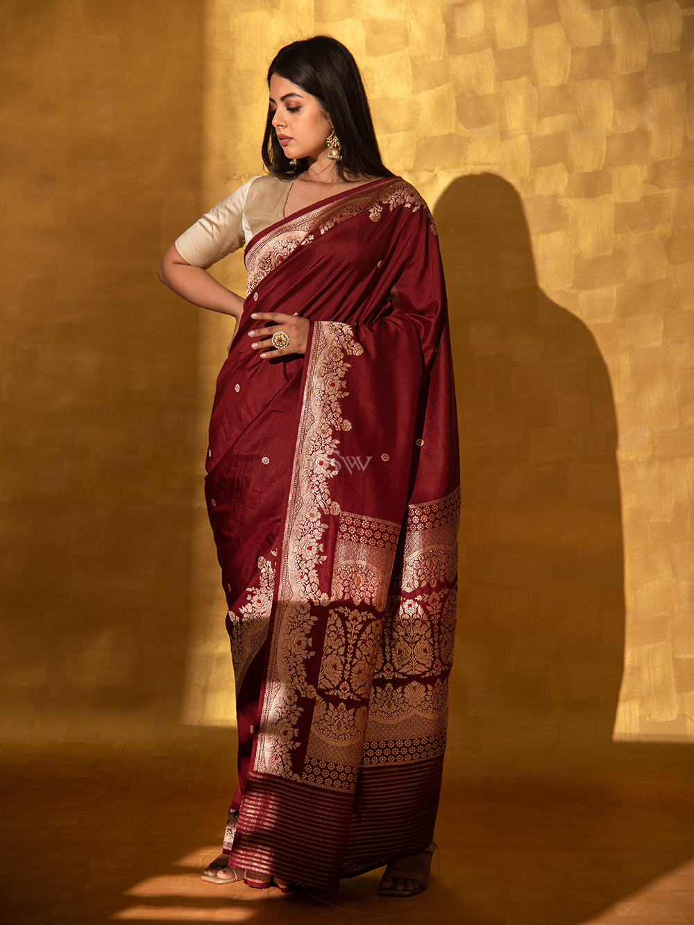 Maroon Mashru Satin Silk Handloom Banarasi Saree - Sacred Weaves