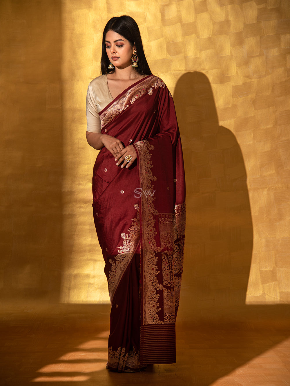 Maroon Mashru Satin Silk Handloom Banarasi Saree - Sacred Weaves