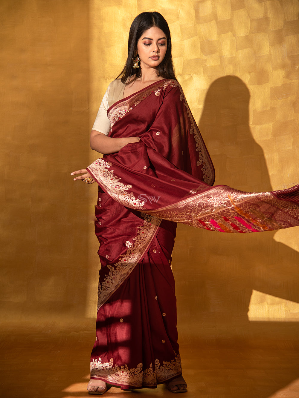 Maroon Mashru Satin Silk Handloom Banarasi Saree - Sacred Weaves