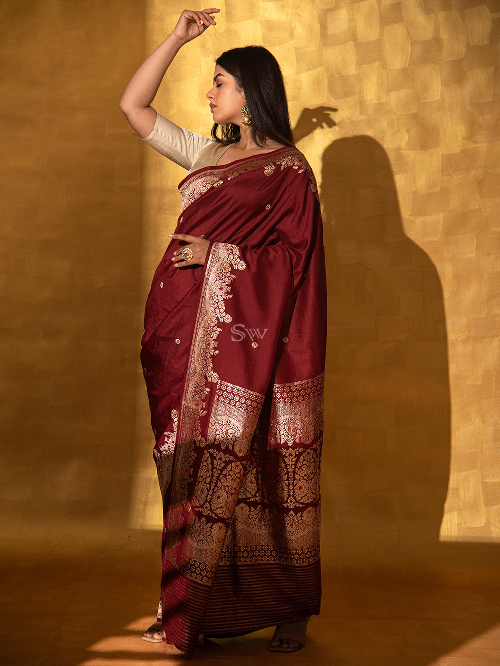 Maroon Mashru Satin Silk Handloom Banarasi Saree - Sacred Weaves
