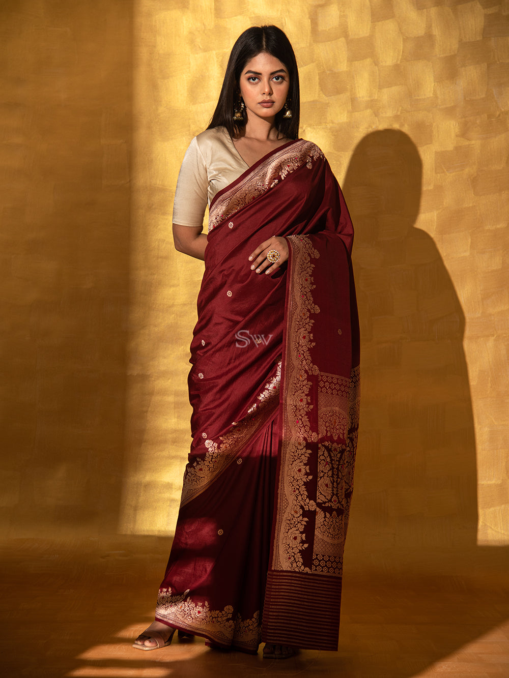 Maroon Mashru Satin Silk Handloom Banarasi Saree - Sacred Weaves