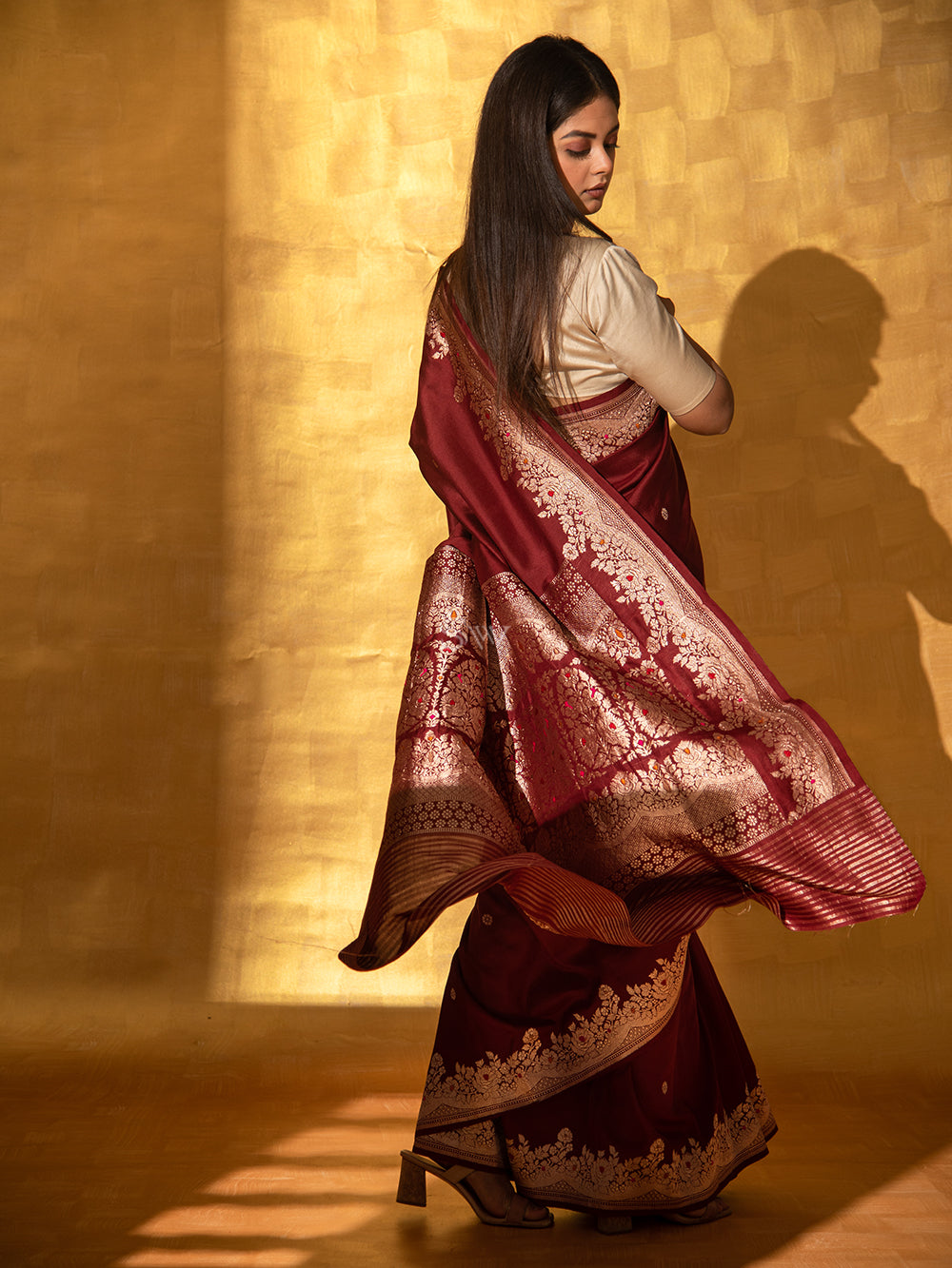 Maroon Mashru Satin Silk Handloom Banarasi Saree - Sacred Weaves
