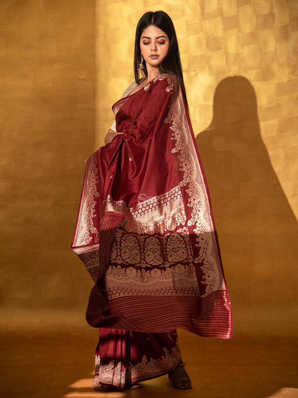 Maroon Mashru Satin Silk Handloom Banarasi Saree - Sacred Weaves